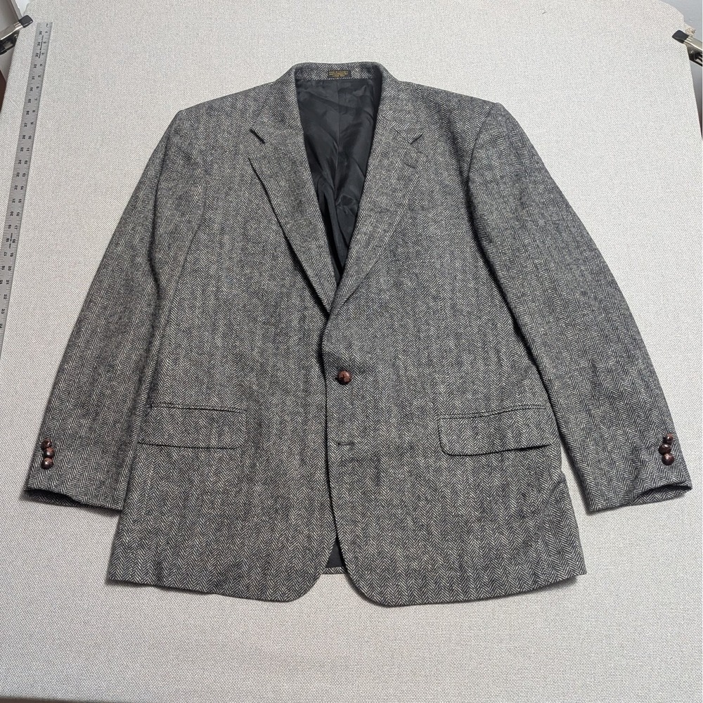 Deansgate Sport Coat Men's 48L Grey Herringbone Lambswool Wool Blazer Jacket